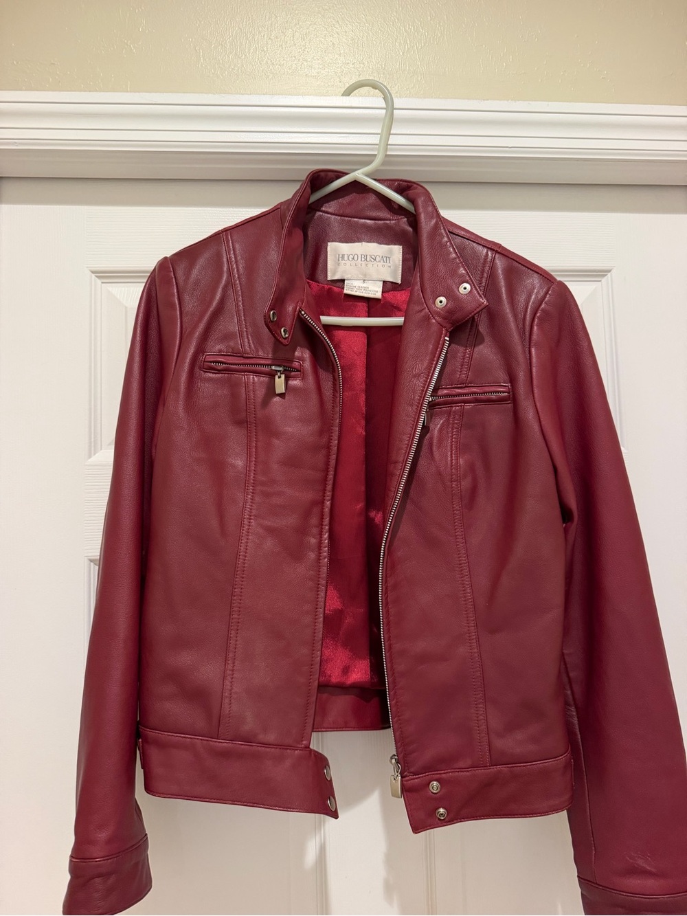 Hugo Buscati Women's Wine Red Leather Moto Jacket